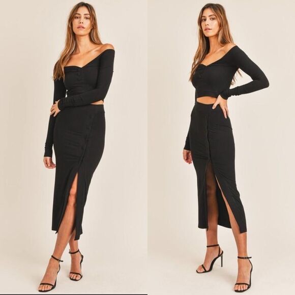 Tops - Two piece set black crop top midi skirt wedding